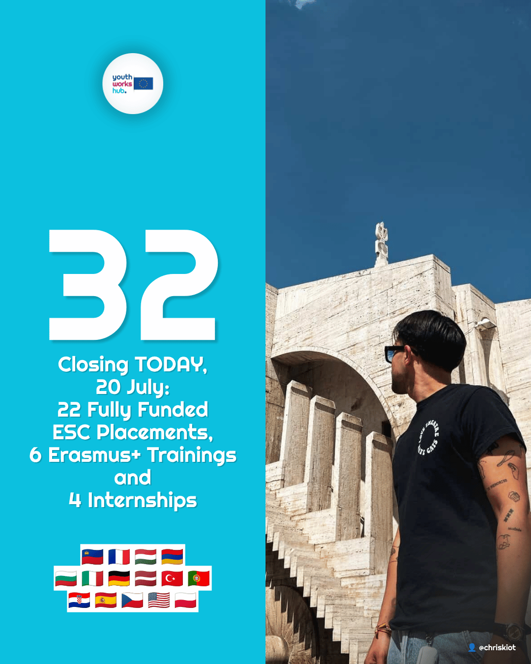 ⏳ Closing Today, 20 July: 32 Fully Funded & Funded Opportunities Across 15 Countries — 22 ESC Placements, 6 Erasmus+ Trainings & 4 Internships
