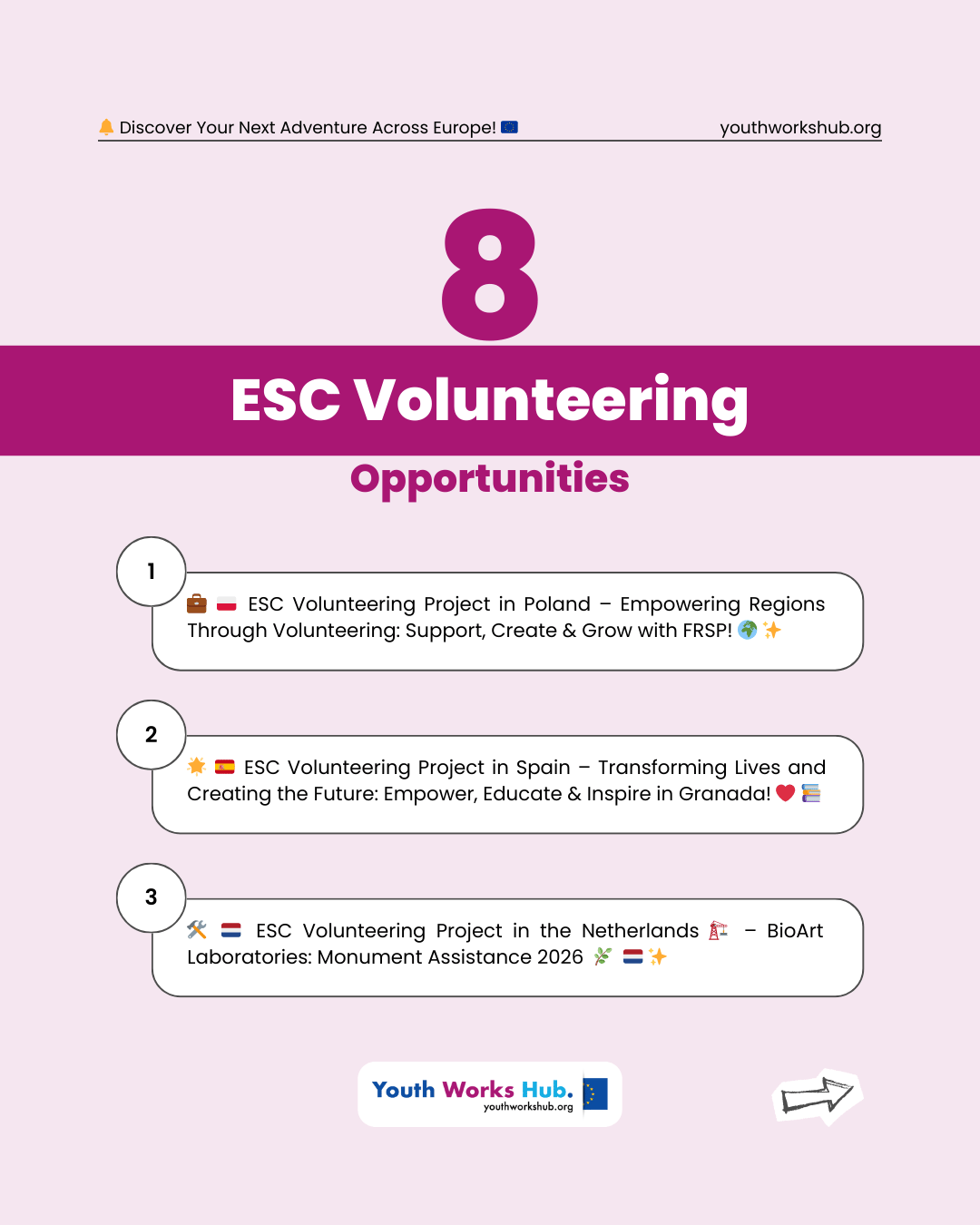 🌍✨ 8 New ESC Volunteering Opportunities Across Europe – Create Impact, Grow Skills & Join Vibrant Communities! 🤝🎨🌱🔥🇩🇰🇪🇸🇭🇷🇵🇱🇳🇱🇷🇴