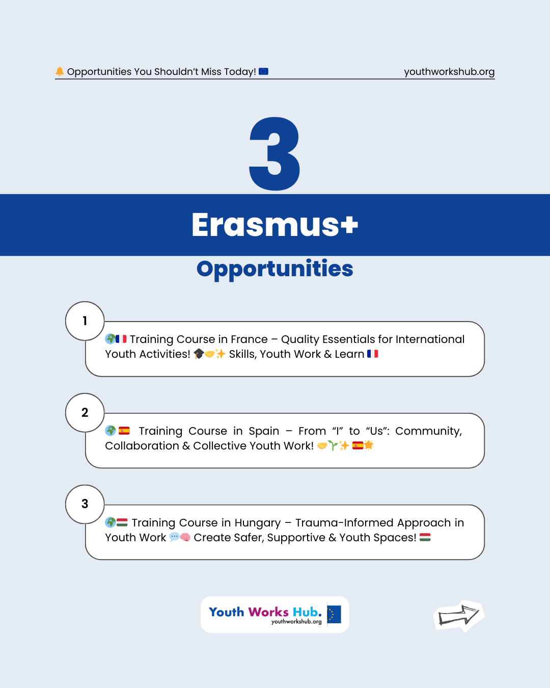🌍✨ 3 New Erasmus+ Training Courses Across Europe – Build Skills, Strengthen Youth Work & Grow Through Community, Quality & Well-Being! 🎓🤝🌱 Your Learning Journey Begins in France 🇫🇷 Spain 🇪🇸 Hungary 🇭🇺