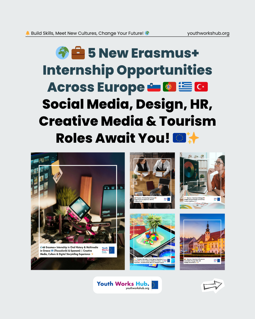 🌍💼 5 New Erasmus+ Internship Opportunities Across Europe – Social Media, Design, HR, Creative Media & Tourism Roles Await You! 🇪🇺✨