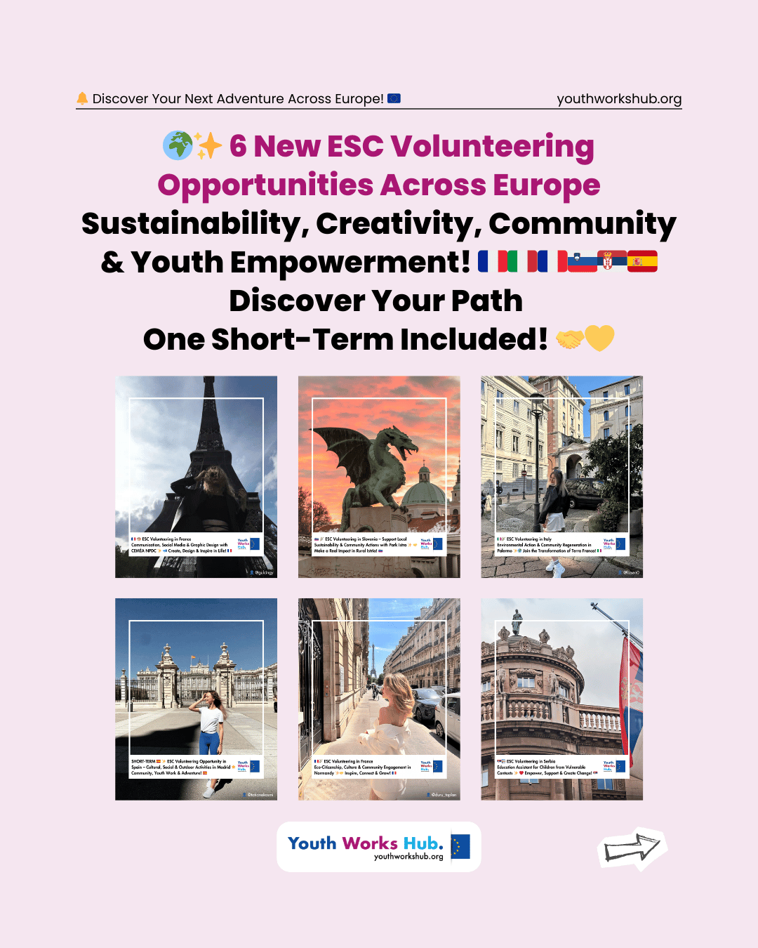 🌍✨ 6 New ESC Volunteering Opportunities Across Europe — Sustainability, Creativity, Community & Youth Empowerment! 🇫🇷🇮🇹🇫🇷🇸🇮🇷🇸🇪🇸 | Discover Your Path — One Short-Term Included! 🤝💛🌱