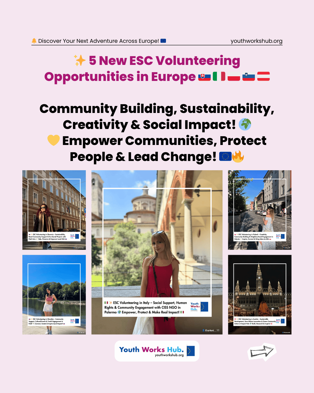 🇸🇰🇮🇹🇵🇱🇸🇮🇦🇹✨ 5 New ESC Volunteering Opportunities in Europe – Community Building, Sustainability, Creativity & Social Impact! 🌍💛 Empower Communities, Protect People & Lead Change! 🇪🇺🔥