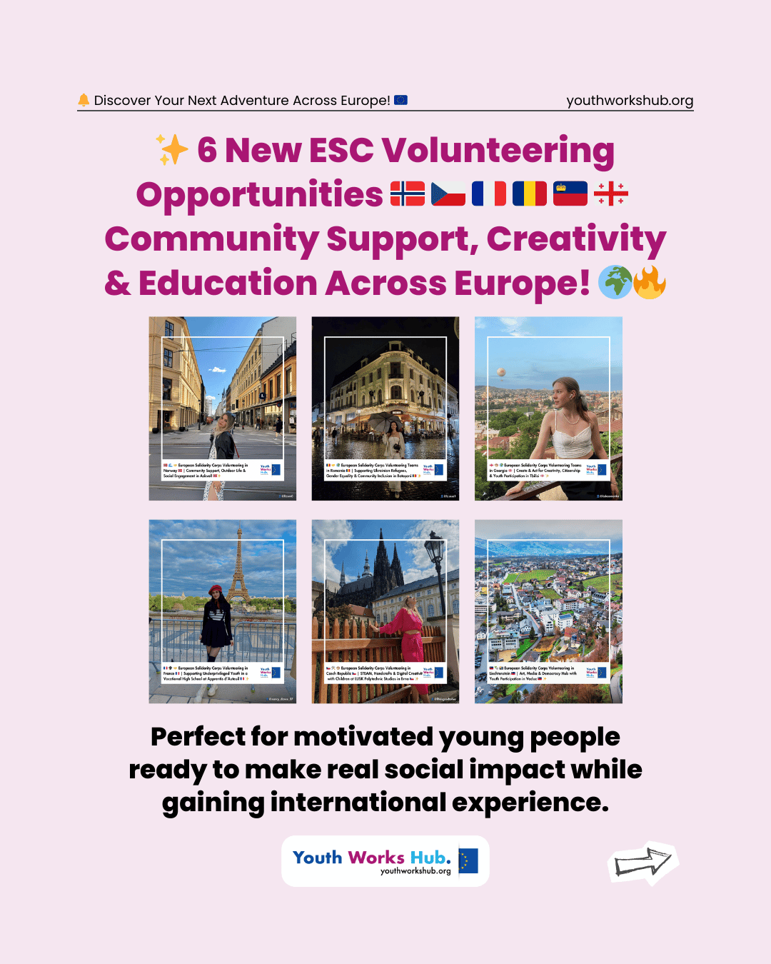 🇳🇴🇨🇿🇫🇷🇷🇴🇱🇮🇬🇪✨ 6 New ESC Volunteering Opportunities – Community Support, Creativity, Education & Youth Participation Across Europe! 🌍🔥