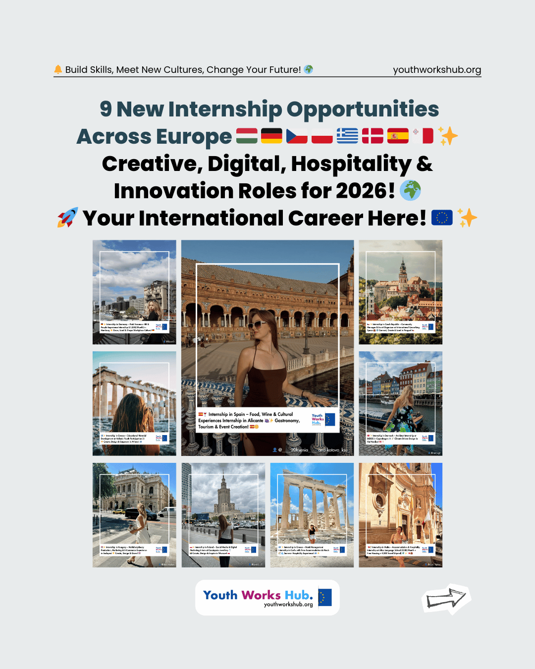 🇭🇺🇩🇪🇨🇿🇵🇱🇬🇷🇩🇰🇪🇸🇲🇹✨ 9 New Internship Opportunities Across Europe – Creative, Digital, Hospitality & Innovation Roles for 2026! 🌍🚀 Your International Career Journey Starts Here! 🇪🇺✨