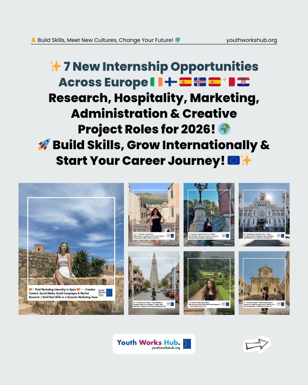🇮🇪🇫🇮🇪🇸🇮🇸🇪🇸🇲🇹🇭🇷✨ 7 New Internship Opportunities Across Europe – Research, Hospitality, Marketing, Administration & Creative Project Roles for 2026! 🌍🚀 Build Skills, Grow Internationally & Start Your Career Journey! 🇪🇺✨