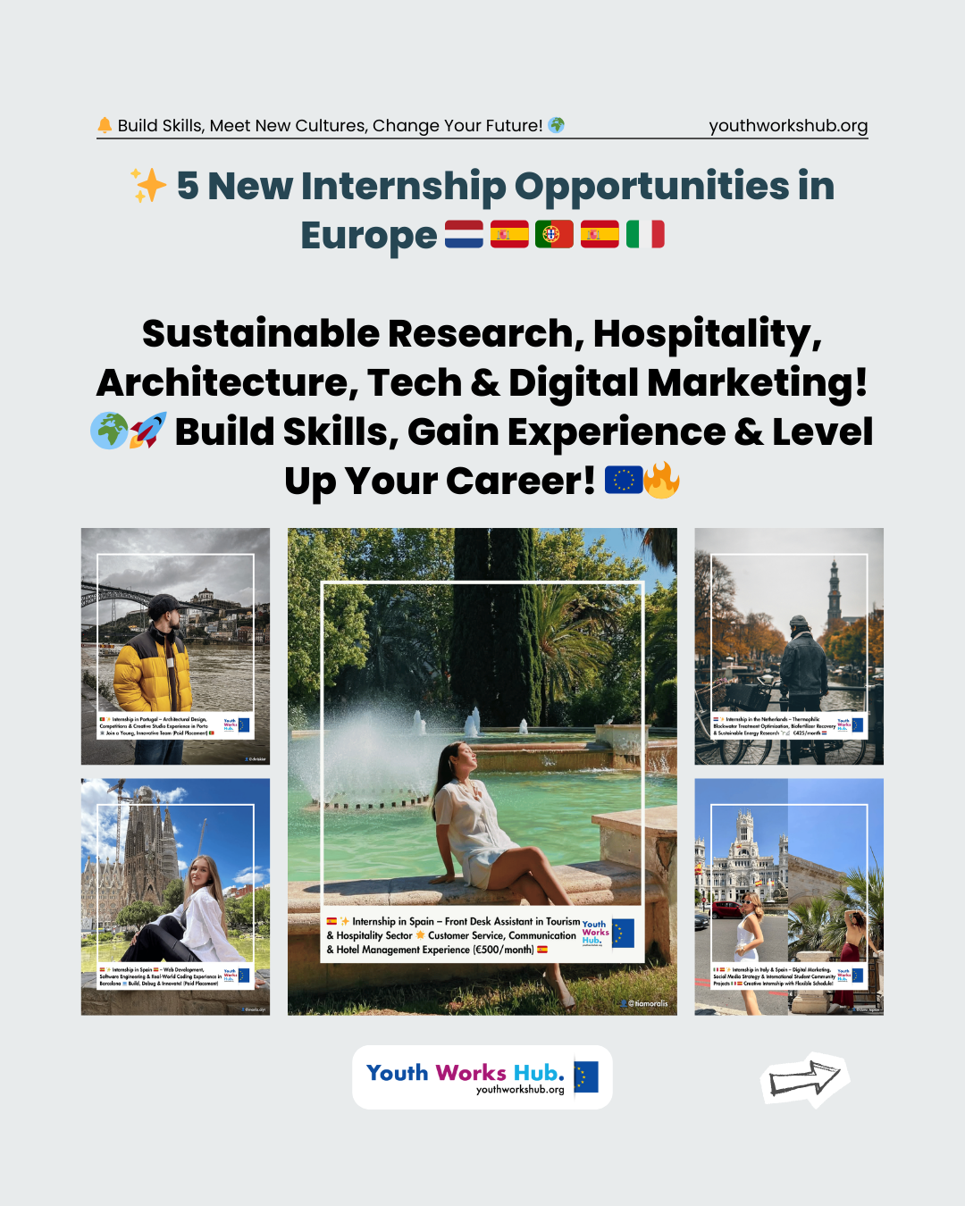 🇳🇱🇪🇸🇵🇹🇪🇸🇮🇹✨ 5 New Internship Opportunities in Europe – Sustainable Research, Hospitality, Architecture, Tech & Digital Marketing! 🌍🚀 Build Skills, Gain Experience & Level Up Your Career! 🇪🇺🔥
